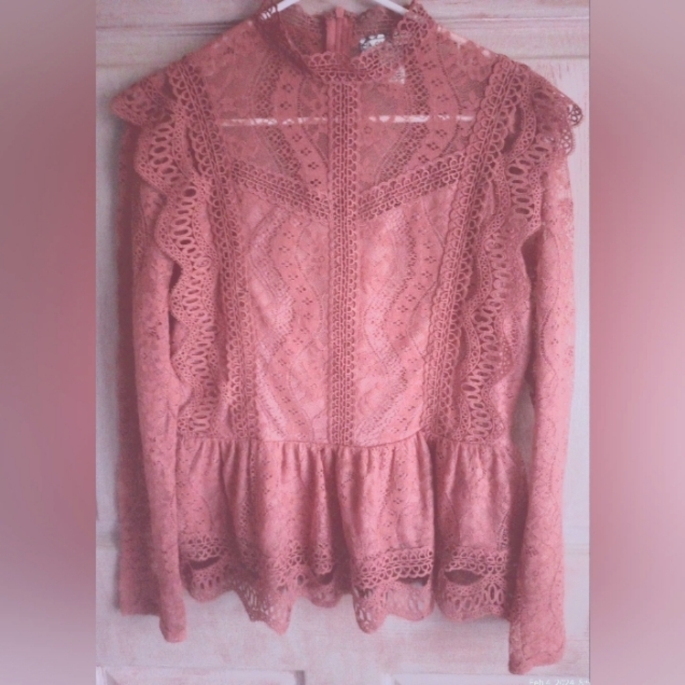 A. Calin for flying tomato blush colored zippered lace top